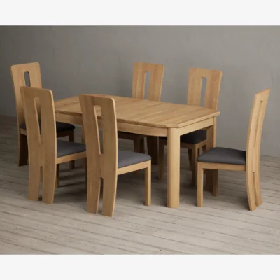 Oak&More Extending Somerton 160cm Solid Oak Dining Table with 6 Light Grey Lucca Chairs
