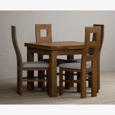 Oak&More Hampshire 90cm Rustic Solid Oak Extending Dining Table With 4 Light Grey Rustic Solid Oak Flow Back Chairs