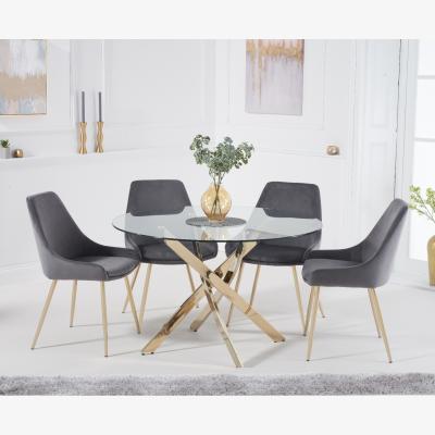 Oak&More Denver 110cm Gold Leg Glass Dining Table With 6 Grey Fern Velvet Chairs