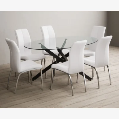 Oak&More Bernini 165cm Black Leg Oval Glass Dining Table with 6 Grey Marco Chairs