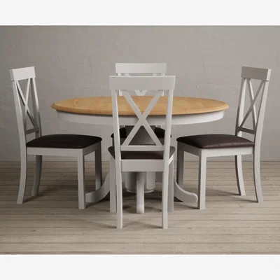 Oak&More Hertford 120cm Oak and Soft White Painted Round Pedestal Table With 6 Linen Hertford Chairs