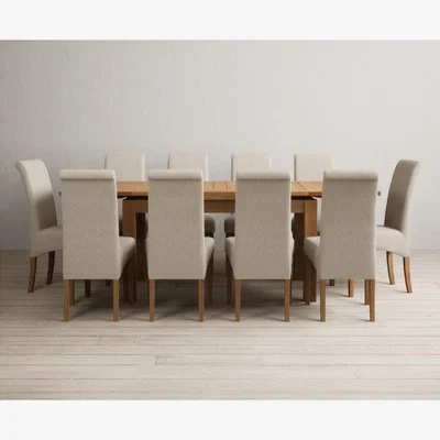 Oak&More Extending Buxton 140cm Solid Oak Dining Table with 6 Charcoal Grey Scroll Back Chairs