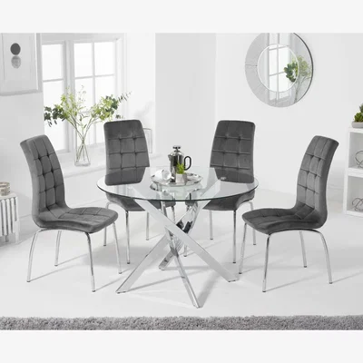 Oak&More Denver 110cm Glass Dining Table With 6 Blue Calgary Velvet Chairs