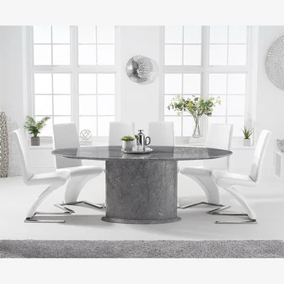 Oak&More Colby 200cm Oval Grey Marble Dining Table With 6 White Aldo Chairs