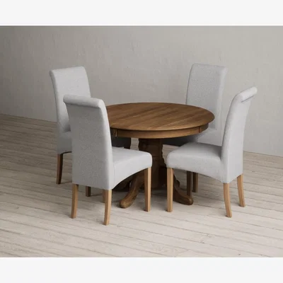 Oak&More Extending Hertford 100cm - 130cm Rustic Oak Pedestal Dining Table with 4 Natural Scroll Back Chairs