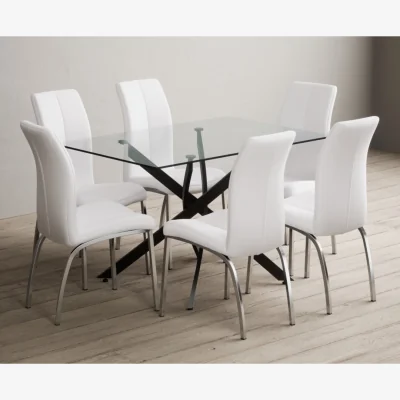 Oak&More Bernini 120cm Black Leg Rectangular Glass Dining Table with 4 Grey Marco Chairs