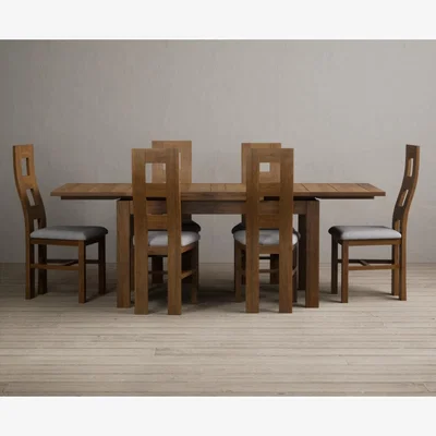 Oak&More Extending Buxton 140cm Rustic Solid Oak Dining Table with 6 Brown  Chairs