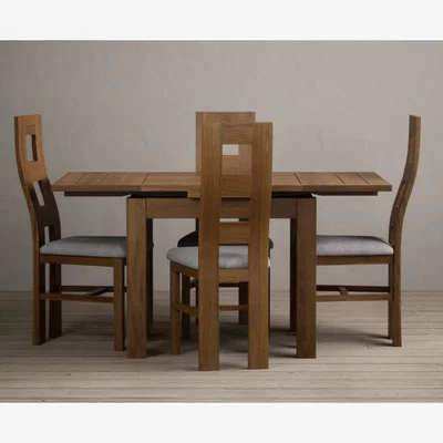 Oak&More Extending Buxton 90cm Rustic Solid Oak Dining Table with 4 Blue  Chairs
