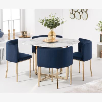Oak&More Ex-display Algarve White Marble Gold Leg Stowaway Dining Table With Blue Velvet Gold Leg High Back Stools