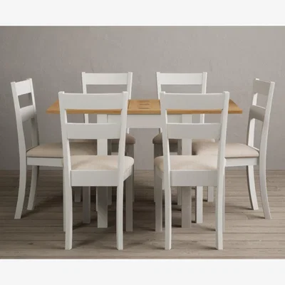 Oak&More Extending Hadleigh Oak and Signal White Painted Dining Table with 6 Light Grey Kendal Chairs