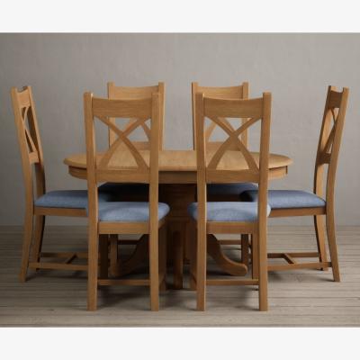 Oak&More Extending Hertford 100cm - 130cm Solid Oak Pedestal Dining Table  With 6 Oak X Back Chairs
