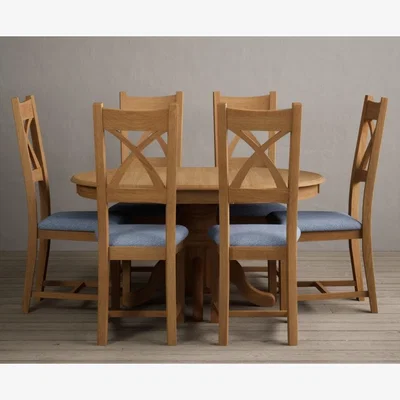 Oak&More Extending Hertford 100cm - 130cm Solid Oak Pedestal Dining Table  With 6 Oak X Back Chairs