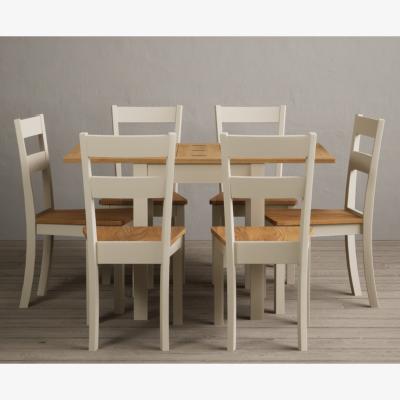 Oak&More Extending Hadleigh Oak and Cream Painted Dining Table with 6 Light Grey Kendal Chairs