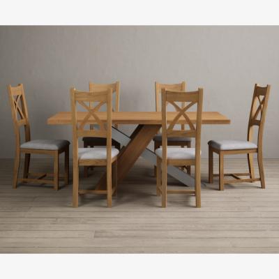 Oak&More Michigan 180cm Solid Oak and Metal Industrial Dining Table with 8 Linen Natural Solid Oak Chairs