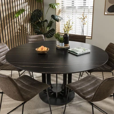 Quatropi Modern Black Round Dining Table With 6 Brown Leather Chairs - 6 Person Dining Set