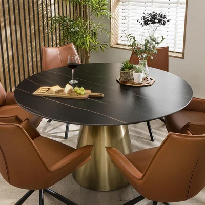Quatropi Round Ceramic Marble-Effect Dining Table And Chairs - 6 Person Set - Black