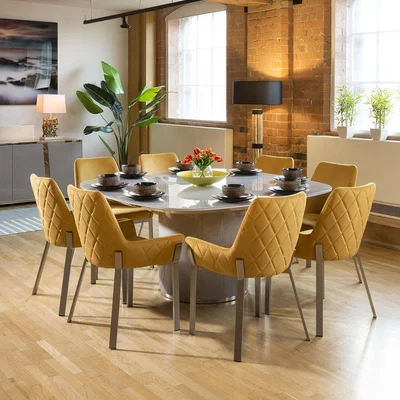 Quatropi Modern 8 Seater Square Dining Table And Chairs with Arms Grey Mustard