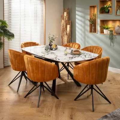 Quatropi Modern Round Extendable Dining Table and Chairs 6 Seater Dining Set Saffron White Ceramic