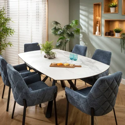 Quatropi Modern Round Extendable Dining Table and Chairs 6 Seater Set Blue Chenille White Ceramic