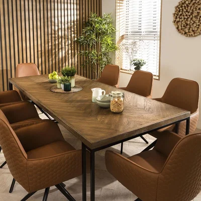 Quatropi Emma Solid Wood Herringbone 8 Chair Dining Set Tan