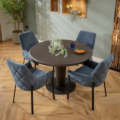 Quatropi Contemporary 4 Seater Round Dining Set Blue Chenille & Grey Oak