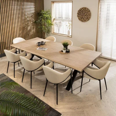 Quatropi Ashley 8 Seat Natural Live Edge Solid Wooden Dining Set Cream Clay