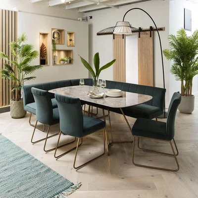 Quatropi Modern Corner Bench Dining Set 8 Seater Ceramic Extending Teal Grey