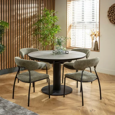 Quatropi Contemporary Round Extendable Dining Table and Chairs 4 Seater Set Green & Grey Ceramic