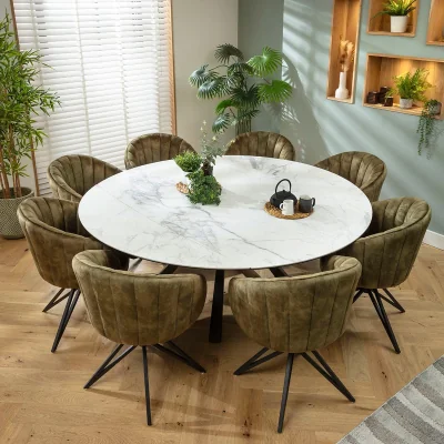 Quatropi Large Round Extendable Dining Table and Chairs 8 Seater Set Green White Ceramic