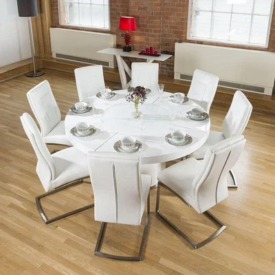 Quatropi Large Round White Gloss Dining Table Lazy Susan, 8 White Chairs 4110