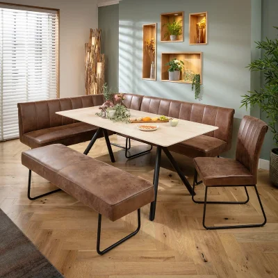 Quatropi Modern 9 Seater Corner Bench Dining Set Brown & Beige Stone Ceramic LRBB1