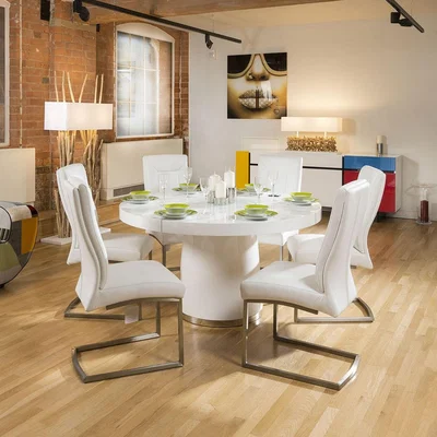 Quatropi Modern 1400mm Round White Gloss Dining Table & 6 White Padded Chairs