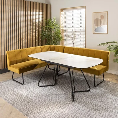Quatropi Modern Corner Dining Set 5 Seater Ceramic Extending Mustard Yellow Velvet