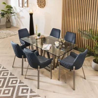 Quatropi Modern Glass Pedestal Table & Petrol Blue Carver Chairs - 6 Seater Dining Set