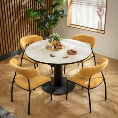 Quatropi Modern Round Extendable Dining Table and Chairs 4 Seater Set Yellow Gold & Light Grey Ceramic