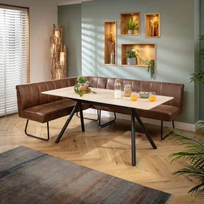Quatropi Modern 5 Seater Corner Bench Dining Set Brown & Beige Stone Ceramic LRT