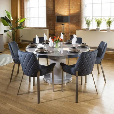Quatropi Modern 6 Seat Round Kitchen Table & Chairs Dining Set Grey Blue Fabric