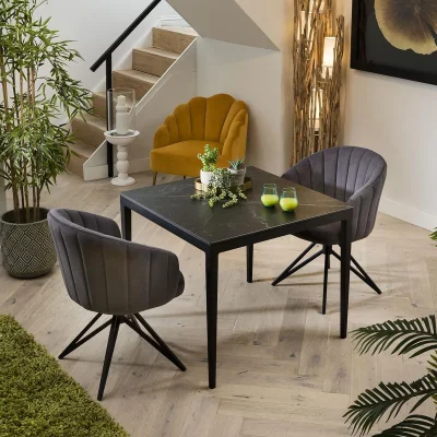 Quatropi Modern 2 Person Dining Set - Black Ceramic Table - Swivel Dining Chairs