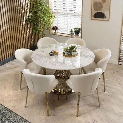 Quatropi 6 Seater Modern Round Premium White Ceramic Gold Pedestal Dining Set 135cm