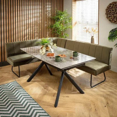 Quatropi Modern 5 Seater Extendable Corner Bench Dining Set Green & Grey Ceramic LRT