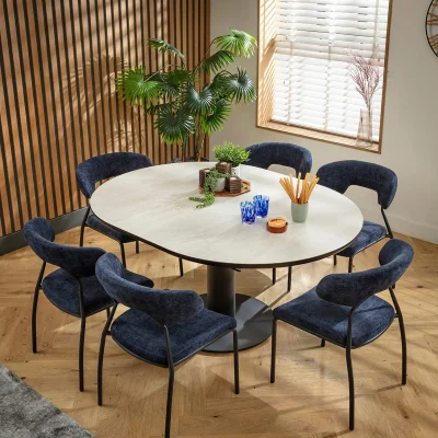 Quatropi Luxury Round Extendable Dining Table and Chairs Set 6 Seater Blue & Light Grey Ceramic