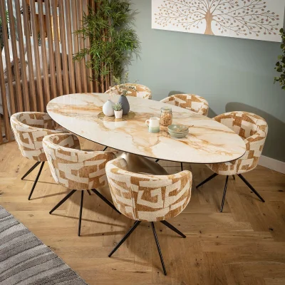 Quatropi Luxury Oval 6 Seater Ceramic Marble Dining Table and Chairs Set Yellow White