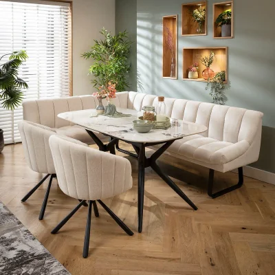 Quatropi Premium 7 Seater Extendable Corner Bench Dining Set Stone & White Ceramic R2