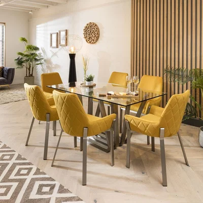 Quatropi Quatropi Modern 6 Seater Glass Table And Chairs Dining Set Mustard