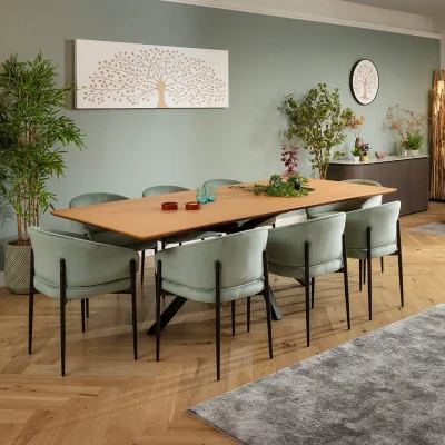 Quatropi Large Modern 8 Seater Dining Table and Chairs Set Green Velvet Light Oak