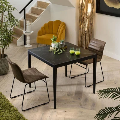 Quatropi Modern 2 Person Small Industrial Dining Set - Luxury Black Ceramic Marble