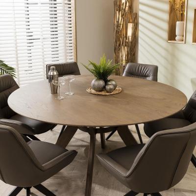 Quatropi Modern 150cm Round Wooden Dining Table And 6 Chairs Set Grey Leather