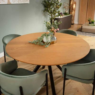 Quatropi Modern Round 4 Seater Dining Table and Chairs Set Green Velvet Light Oak