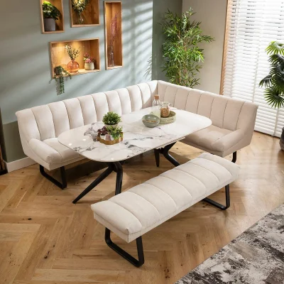 Quatropi Premium 8 Seater Extendable Corner Bench Dining Set Stone & White Ceramic LBB