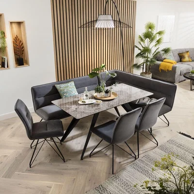Quatropi Corner Bench Dining Set Left-Hand Ceramic Marble Table 8 Seater Grey